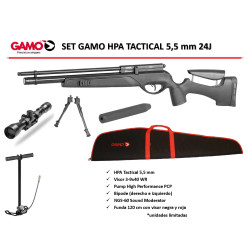 Pack Gamo PCP HPA Táctical Cal. 5,5 mm + Visor 3-9x40 WR + Bomba + Bípode + Funda + Silenciador