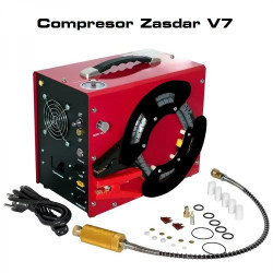Compresor Eléctrico Zasdar V7 a 12 v/220 v. PCP 300 BAR. Transformador incluido. Parada automática